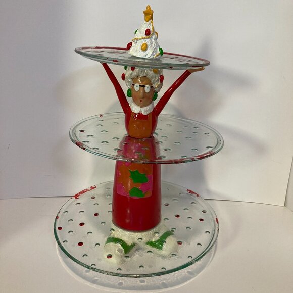 Vintage Holiday 3 Tier Serving Stray Grandma Christmas Tree Ceramic Glass Unique - Picture 1 of 16